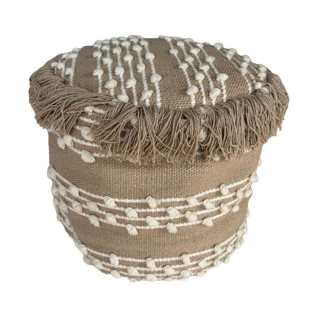 Round Bean Bag Pouf seat in Ivory and white color 13” tall 17” diameter